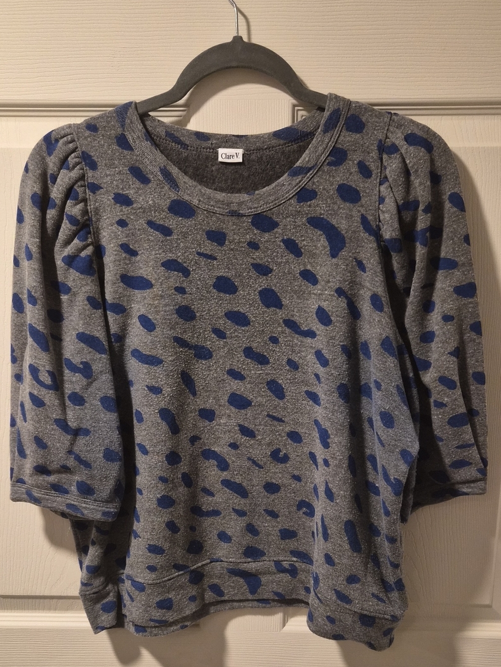 Clare V Gray Sweatshirt with Blue Spot Print and Puff Sleeves